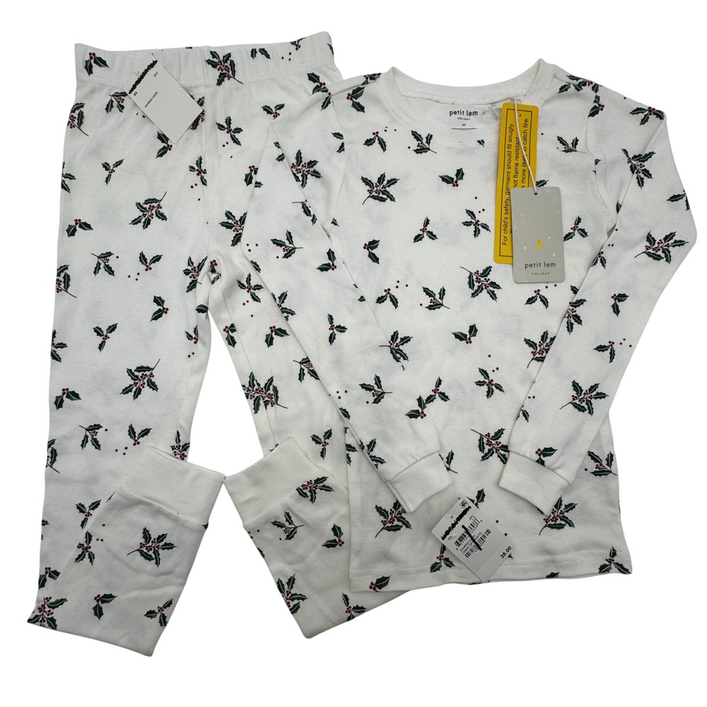 NEW Petit Lem Pajama Set Kids‎ Size 6X Organic Cotton Holiday Holly Lounge